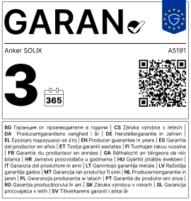 GARAN label for Anker SOLIX A5191 with 3-year manufacturer warranty