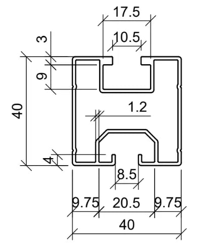 Technische Zeichnung eines Aluminiumprofils mit H-Querschnitt, geeignet für Unterkonstruktionen. Außenmaße: 40 × 40 mm. Die Wandstärke beträgt 1,2 mm. Das Profil verfügt über mehrere Innenaussparungen, Führungskanäle und Hohlräume zur mechanischen Befestigung. Wichtige Maßangaben sind unter anderem: 17,5 mm obere Öffnung, 20,5 mm Innenbreite mittig, 9,75 mm seitliche Verstärkungen und 8,5 mm Nutbreite unten.
