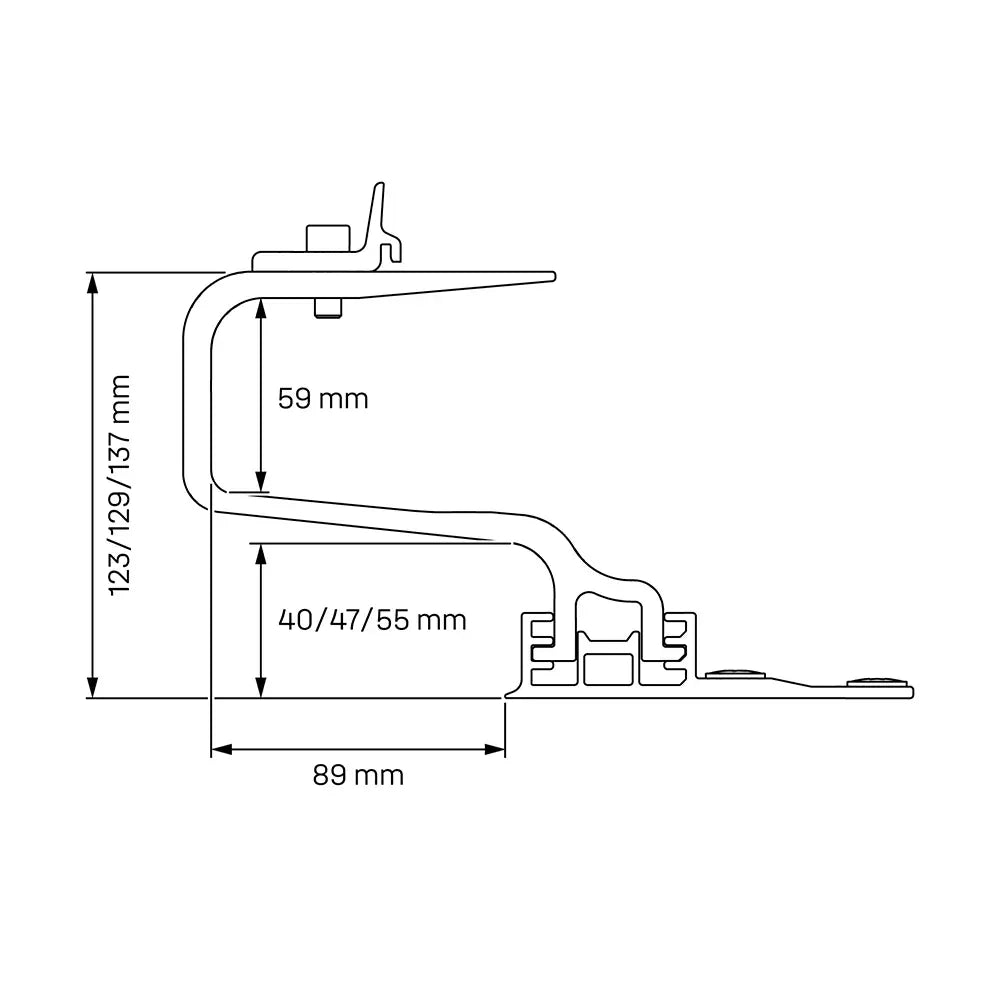 K2 Systems Dachhaken SingleHook 3S Light (Art.-Nr. 2004795) – leichter, stabiler Dachhaken für Schrägdächer mit Ziegeldeckung. Aus Aluminium, mit verschiedenen Höhenmaßen (123/129/137 mm) und Auflagehöhe 40/47/55 mm. Abgebildet als Produktfoto und technische Zeichnung mit Maßen. Erhältlich bei sh24.