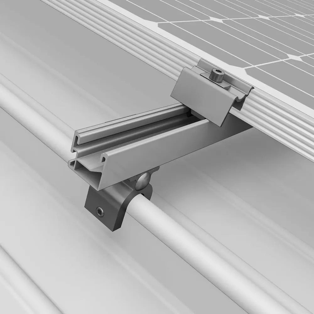 K2 Systems Rundfalzklemme CF:x Single Round SeamClamp (Art.-Nr. 2002859) – Befestigungslösung für Solarmodule auf Rundfalz-Dächern. Robuste Aluminium-Klemme zur sicheren Montage ohne Dachdurchdringung. Darstellung als Produktfoto, technische Zeichnung und mehrere Montagebeispiele mit Solarmodulen.