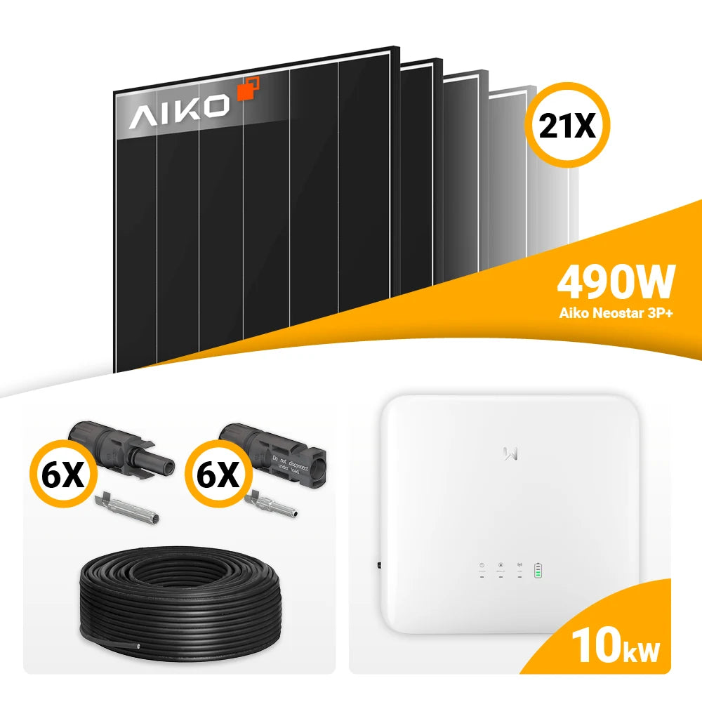 Compleet zonnepanelen set van 10 kWp - 21x AIKO 490W Black Frame & GoodWe GW10K-ET-20 (thuisbatterij optioneel)