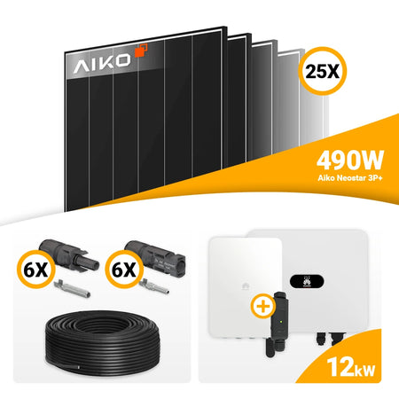 PV set 12 kWp AIKO 490W 25x + Huawei SUN2000 12K MB0 uitbreidbaar met opslag kopen bij solago.nl