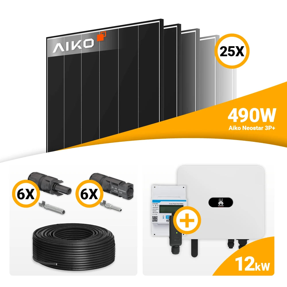 PV compleetset 12 kWp 25x AIKO 490W Black Frame + Huawei SUN2000 12K MB0 met opslagoptie kopen bij solago.nl
