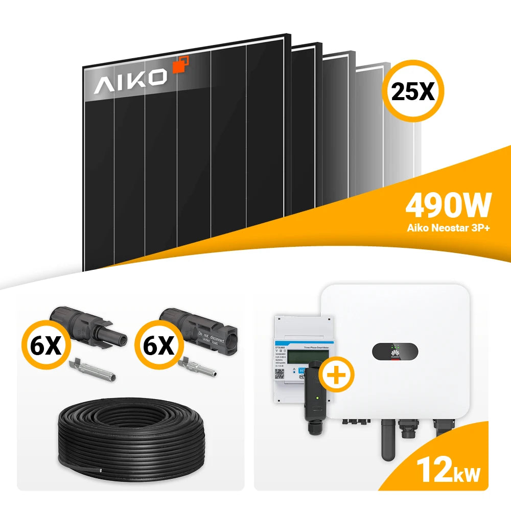 Compleet zonnepanelen set van 12 kWp - 25x AIKO 490W Black Frame & Huawei MAP0 (thuisbatterij optioneel)