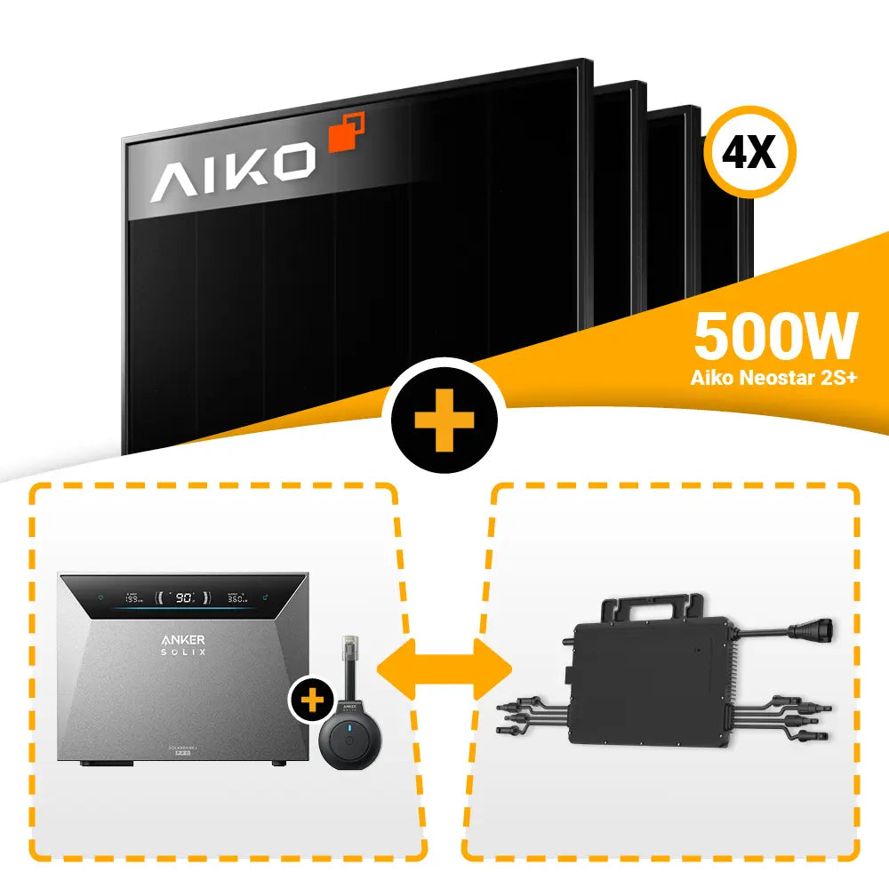 2000W plug & play zonnepanelen set (optioneel met plug-in thuisbatterij) | 4× AIKO 500W Glas-Glas Full Black