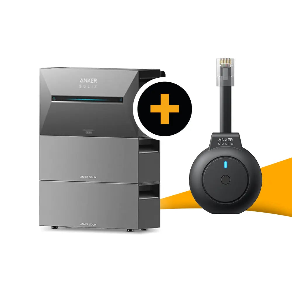 Anker SOLIX Solarbank 3 E2700 Pro thuisbatterij met P1-meter en opslaguitbreiding, oranje podium, witte achtergrond.