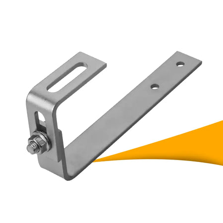 Verstelbare dakhaak voor leien dak kopen bij solago.nl, dakmontage voor zonnepanelen op witte achtergrond met oranje podium productfoto