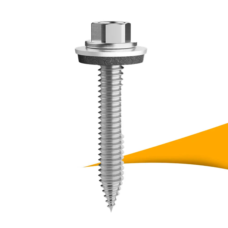 Gewindevormende schroef 6x38 met afdichtring kopen bij solago.nl, montageschroef voor PV systemen op witte achtergrond met oranje podium productfoto