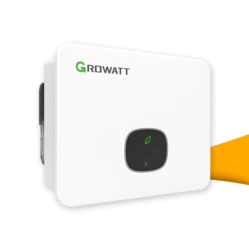 Growatt MID omvormer kopen bij solago.nl, driefase PV omvormer voor zonnepanelen op witte achtergrond met oranje podium productfoto