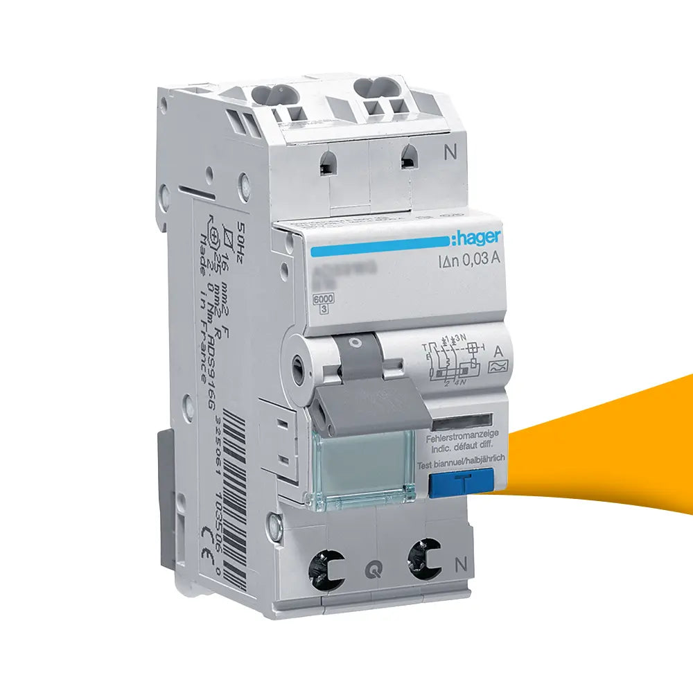 Witte Hager ADS916D aardlekautomaat (FI/LS-schakelaar) voor DIN-rail montage, 2 modules breed, met schakelhendel, testknop en zichtbare QuickConnect-aansluitklemmen.