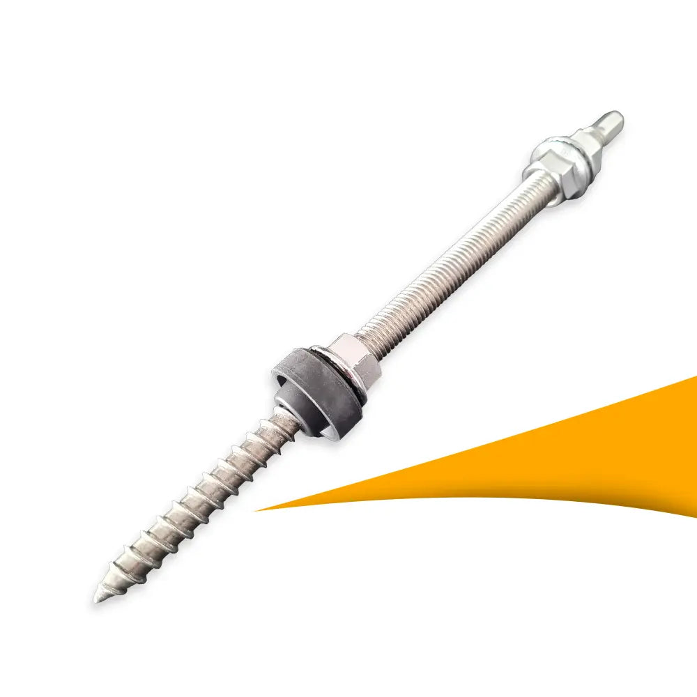 Dakhaak schroefbout M10 met afdichting, montagebout voor dakbevestiging van zonnepanelen, stockschroef kopen bij solago.nl, op witte achtergrond met oranje podium