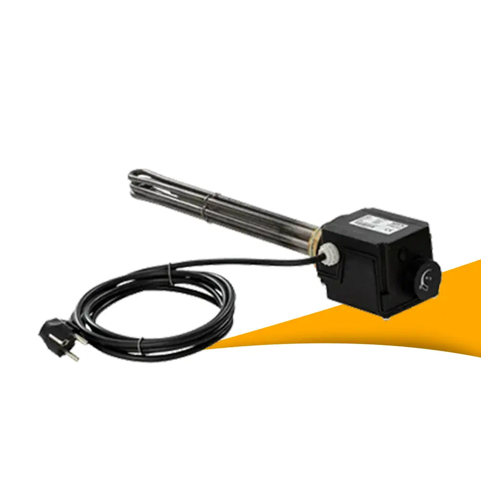Inschroefverwarming 3 kW element kopen op solago.nl. 1,5" elektrisch verwarmingslichaam op witte en oranje podium.