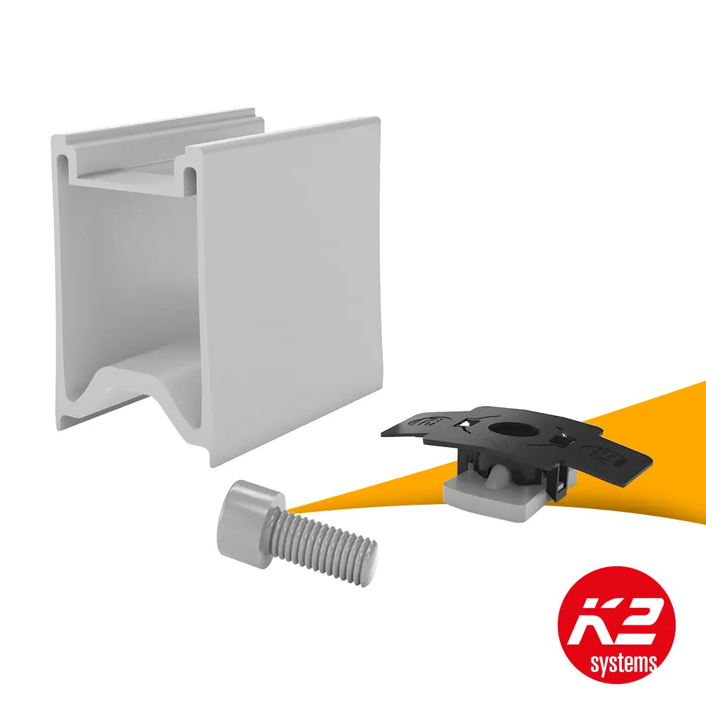 K2 RailUp set 2003191 kopen bij solago.nl, montagesysteem voor zonnepanelen op witte achtergrond met oranje podium productfoto
