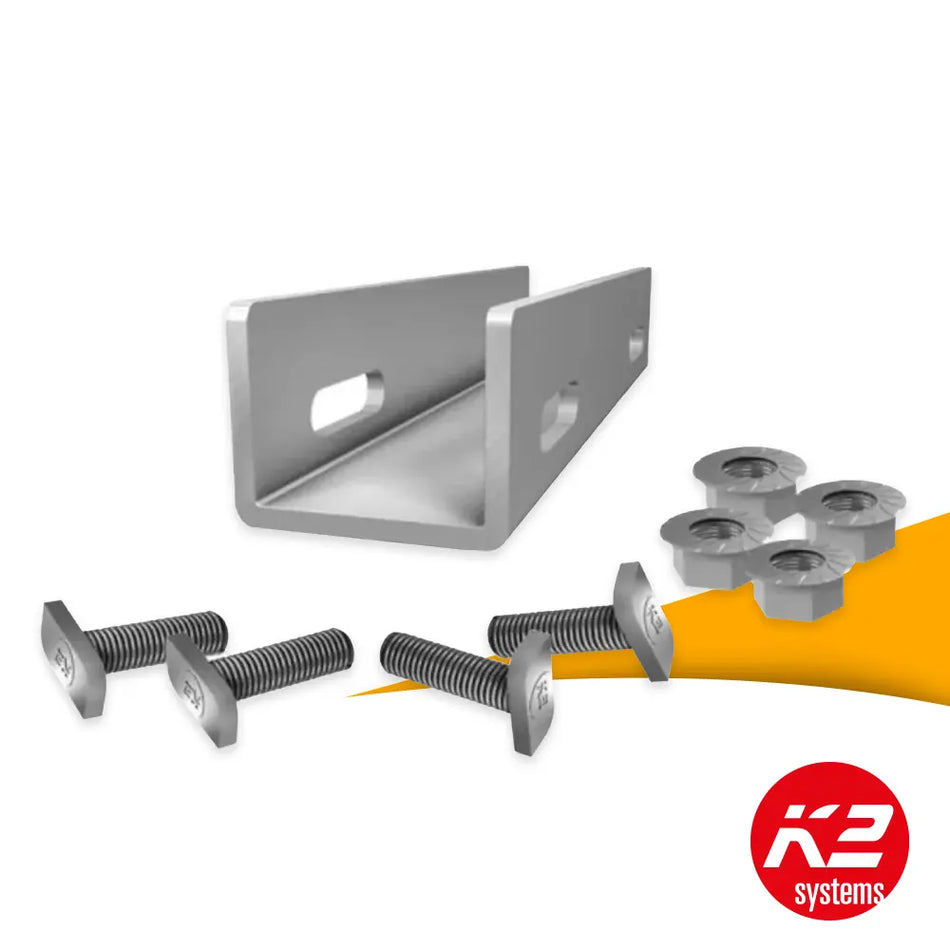 K2 SingleRail 36 railverbinder set 2001976 kopen bij solago.nl, montagesysteem voor zonnepanelen op witte achtergrond met oranje podium