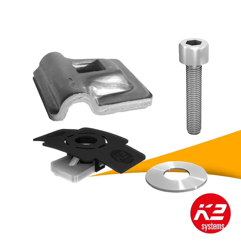 K2 bliksemafleiderklem multi set 2002473 kopen bij solago.nl, beugelset voor bliksemafleiding op witte achtergrond met oranje podium productfoto