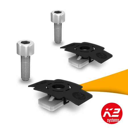 K2 MiniFive MK2 Stop Set 2003379 kopen bij solago.nl, stopset voor montagesysteem zonnepanelen op witte achtergrond met oranje podium productfoto