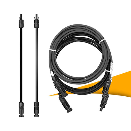 MC4 verlengkabel set kopen bij solago.nl, zonnepaneel kabels voor PV installatie op witte achtergrond met oranje podium productfoto