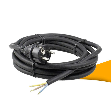 Schuko aansluitkabel H07RN-F 3X1,5 kopen op solago.nl. Afbeelding op witte achtergrond en oranje podium.