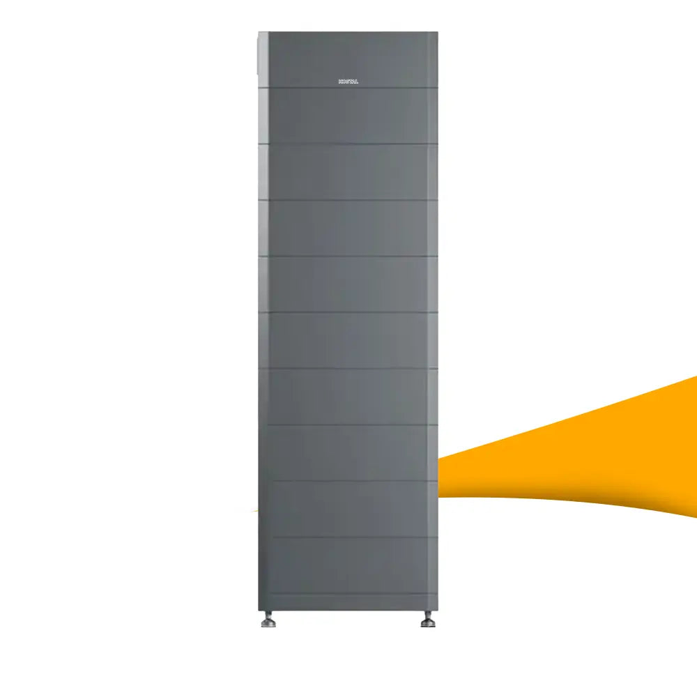 Donkergrijze KOSTAL HELIVOR HV batterij-opslag (28,8 kWh) met een torenachtige, modulaire opbouw op voetjes.