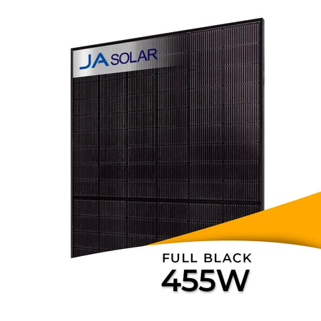 JA Solar 455W bifaciaal glas-glas full black JAM54D41 LB kopen bij solago.nl, zonnepaneel op wit met oranje podium