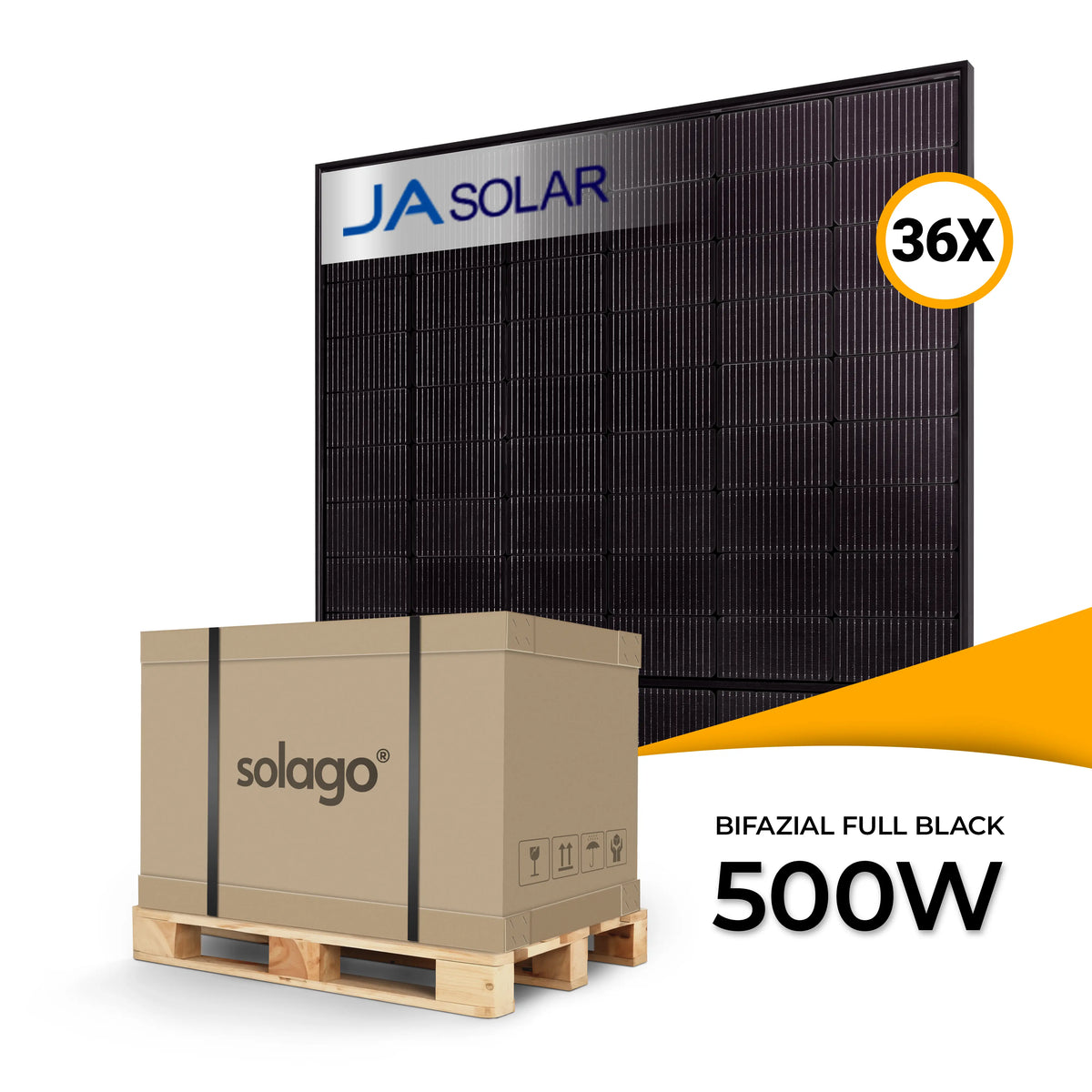 JA Solar 500W bifaciaal glas-glas full black zonnemodule JAM60D41 LB – palletprijs (36 stuks) voor hoge stroomproductie, sterk rendement en full black uitstraling, nu zonnemodules kopen bij solago.nl