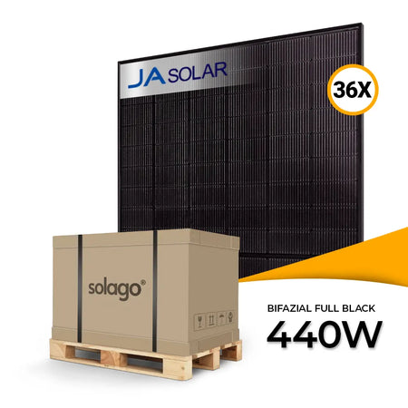 JA Solar 440W bifaciaal glas-glas full black JAM54D41 pallet 36 stuks kopen bij solago.nl, wit met oranje podium