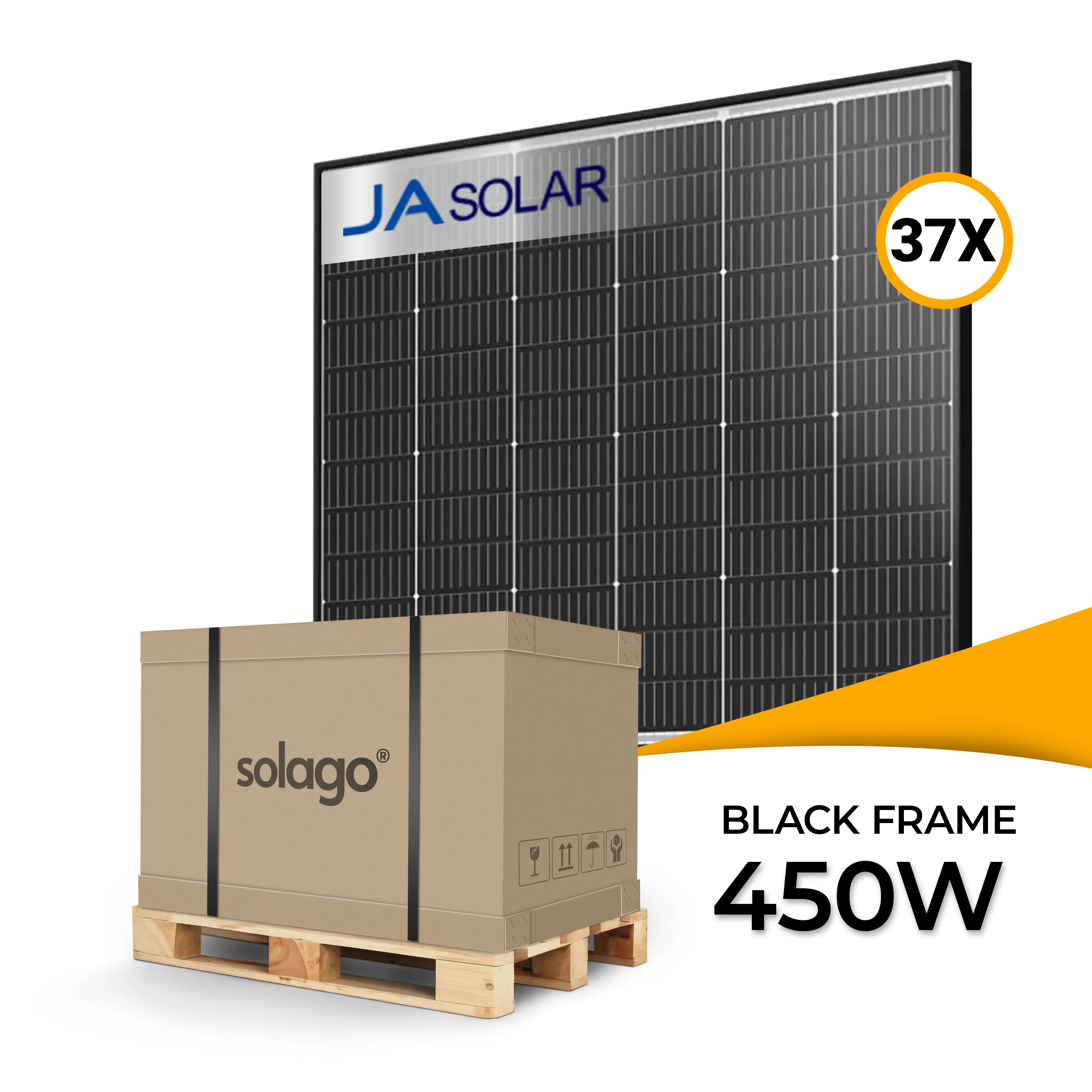 JA Solar 450W bifaciaal glas-glas PV-paneel met zwart frame JAM54D40-LB – palletprijs (36 stuks) voor sterke energieopbrengst en efficiënt rendement, nu PV-panelen kopen bij solago.nl