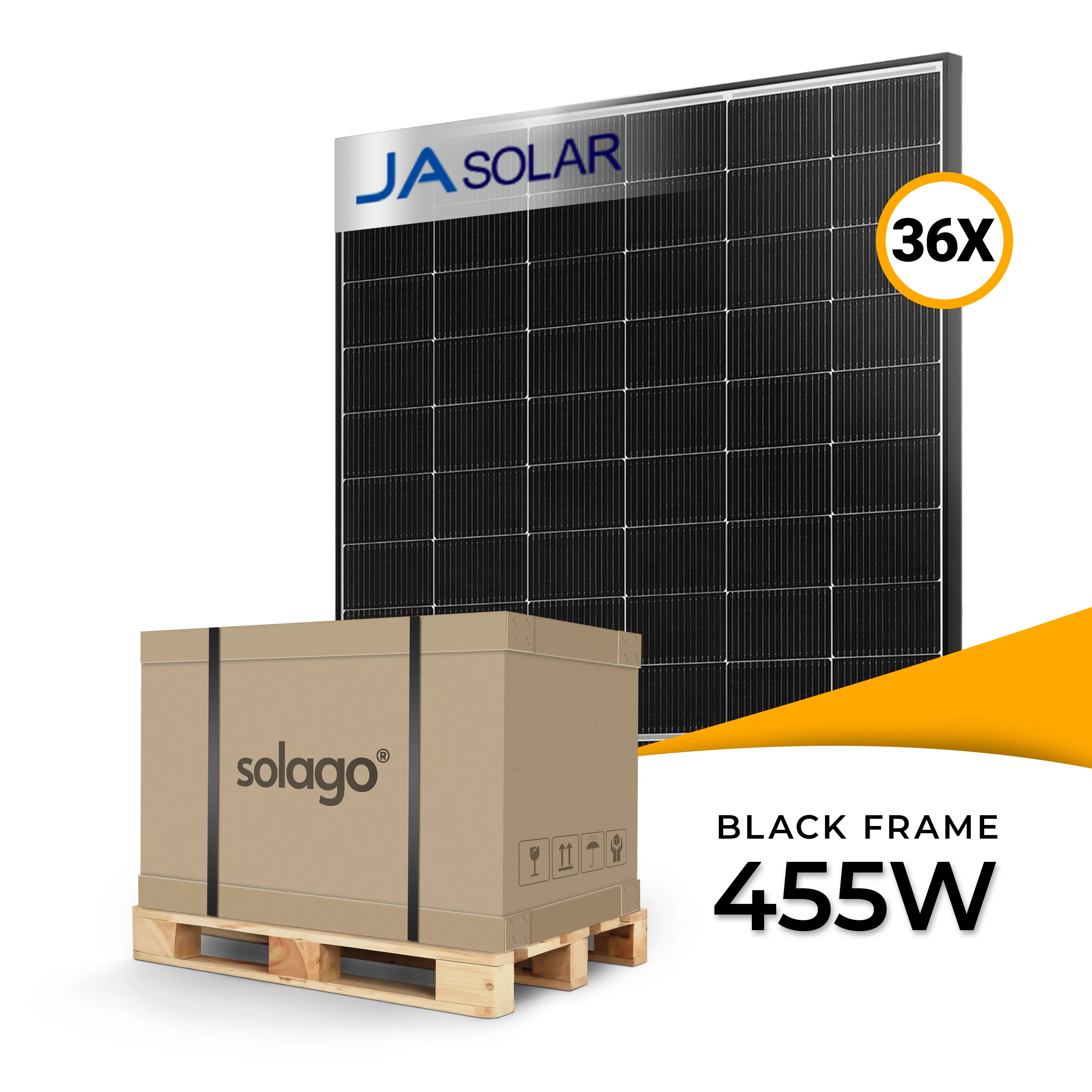 JA Solar 455W bifaciaal glas-glas PV-module met zwart frame JAM54D40 – palletprijs (36 stuks) voor betrouwbare energieproductie en sterk rendement in PV-projecten, nu PV-modules kopen bij solago.nl
