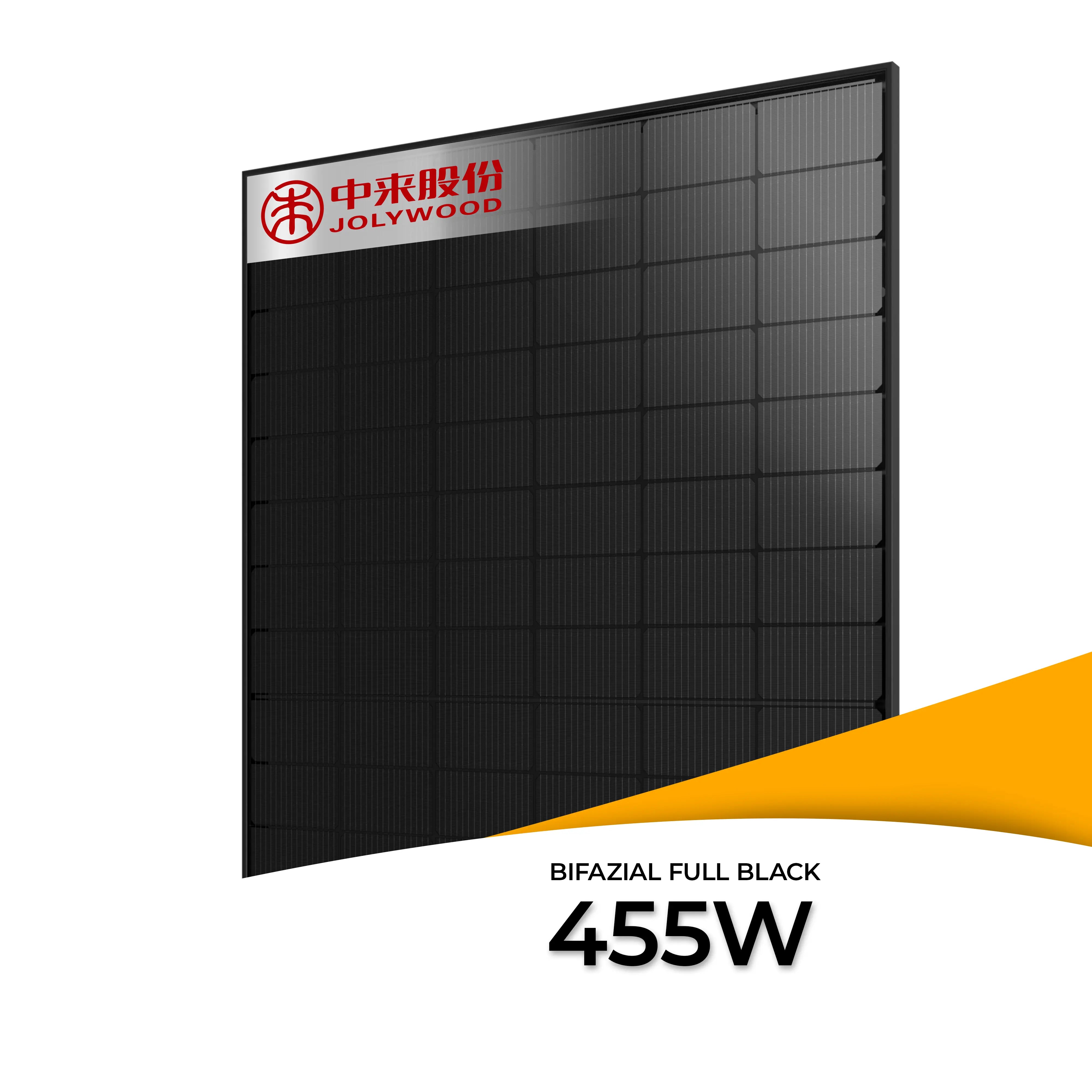 Jolywood 455W bifaciaal glas-glas full black zonnemodule JW-HD96N-R2 – dubbelglas PV-module voor sterke energieopbrengst en modern full black design, nu zonnemodule kopen bij solago.nl
