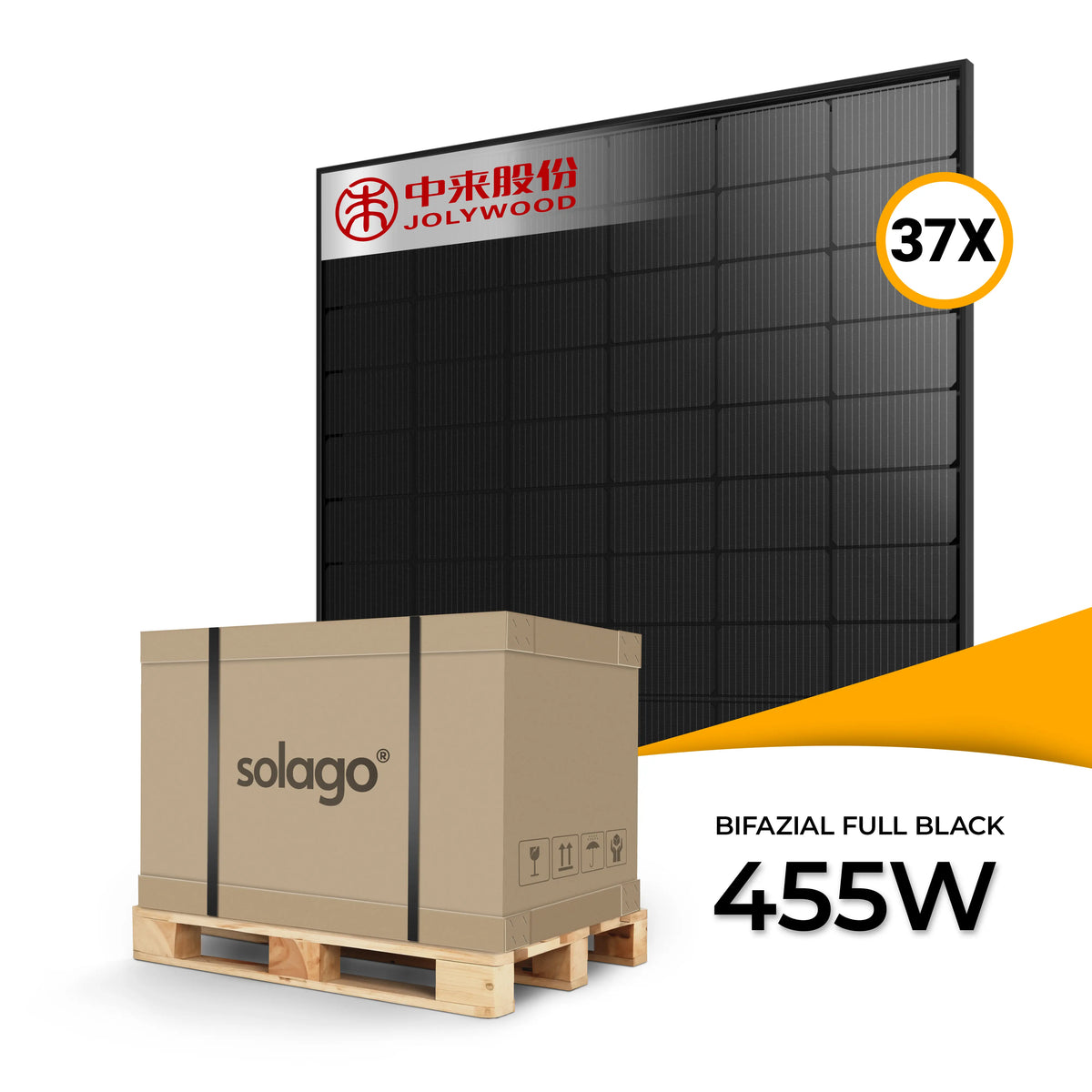 Jolywood 455W bifaciaal glas-glas full black PV-paneel JW-HD96N-R2 – palletprijs (37 stuks) voor extra rendement, hoge energieproductie en full black look, nu PV-panelen kopen bij solago.nl