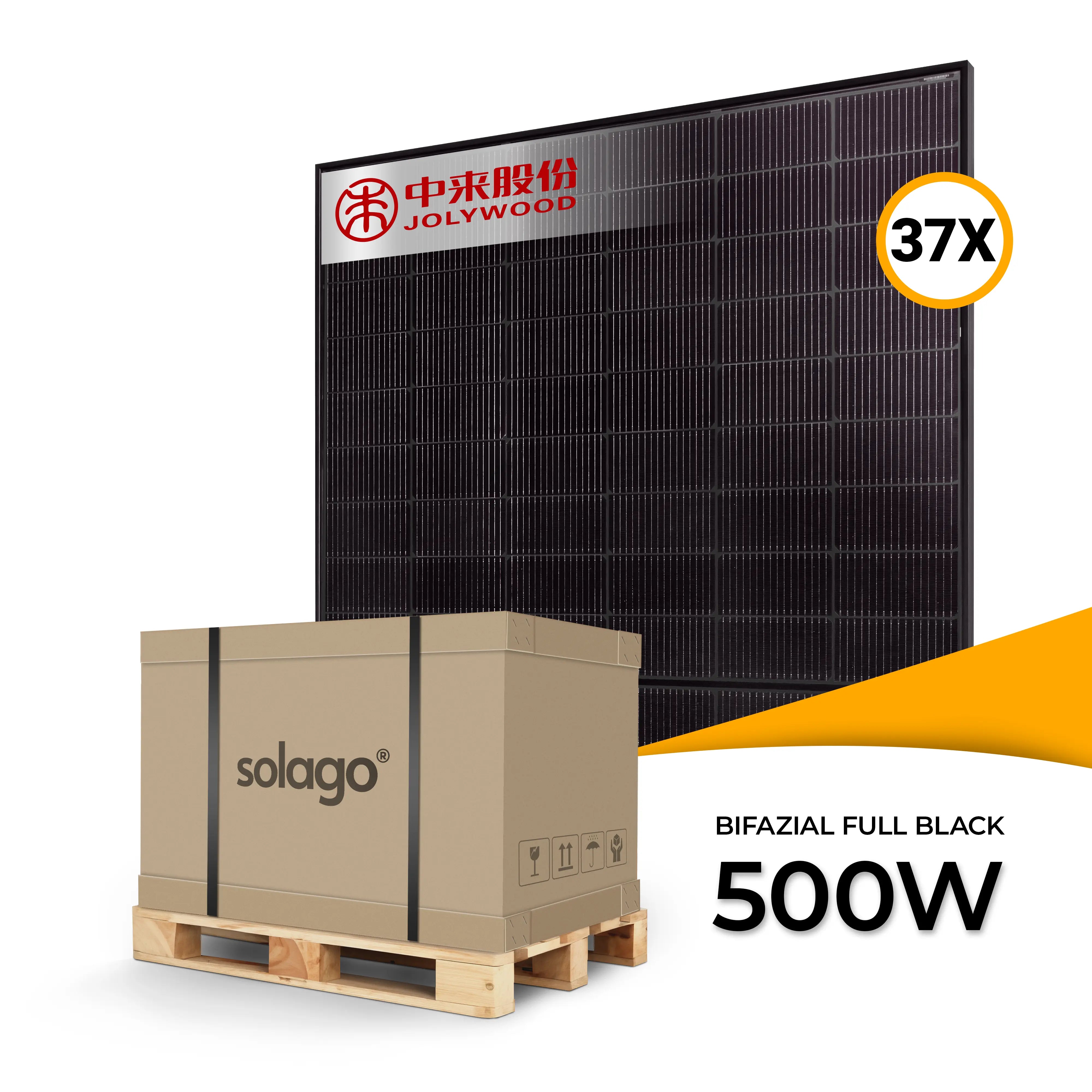 Jolywood JW-HD108N-R2 500W bifaciaal glas-glas full black PV-paneel – palletprijs (37 stuks) voor maximale energieopbrengst en professioneel PV-gebruik, nu PV-panelen kopen bij solago.nl