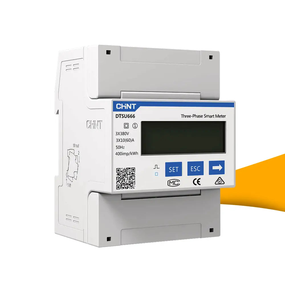 Growatt Smart Meter TPM-C driefase energiemeter kopen bij solago.nl, PV meter op witte achtergrond met oranje podium
