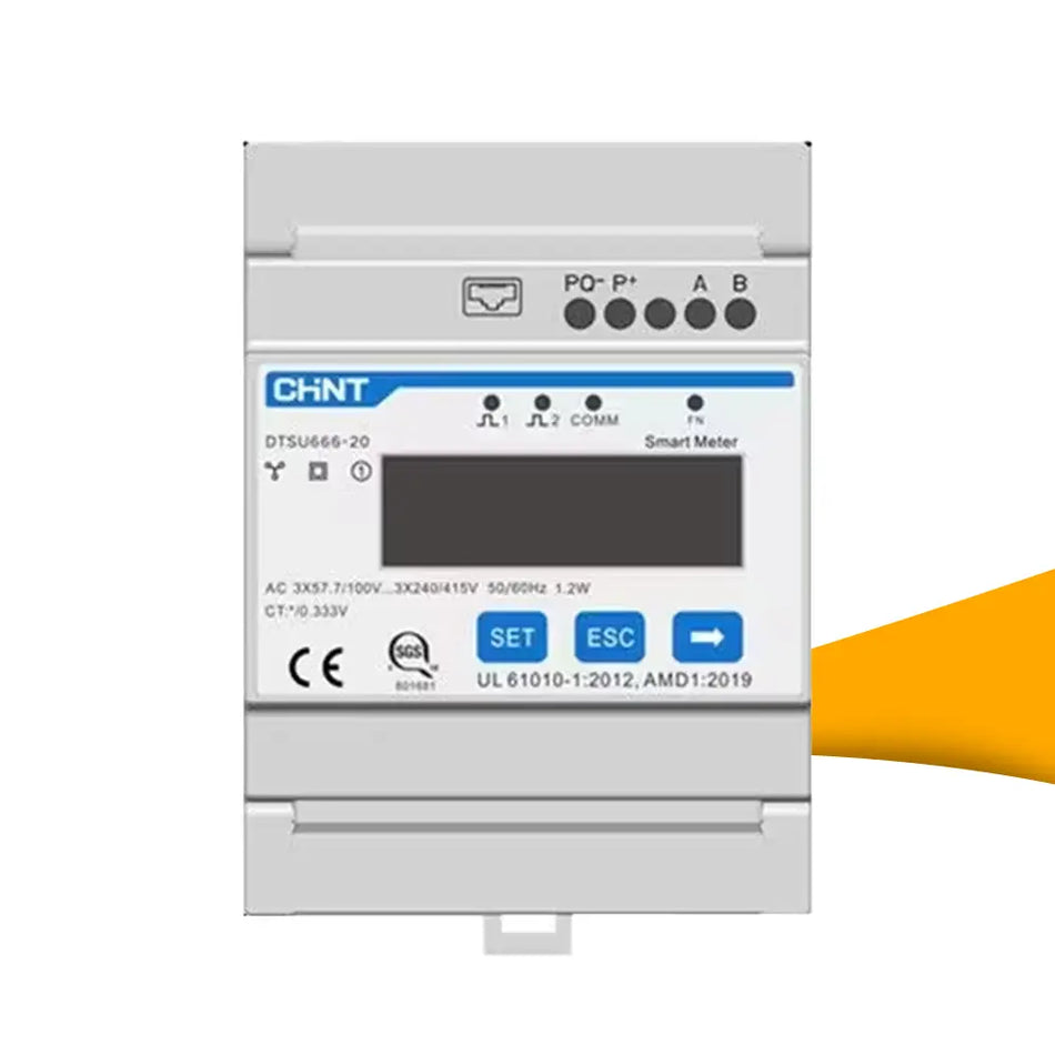 Sungrow DTSU666-20 3-fase smart meter kopen bij solago.nl – product op witte achtergrond met oranje podium