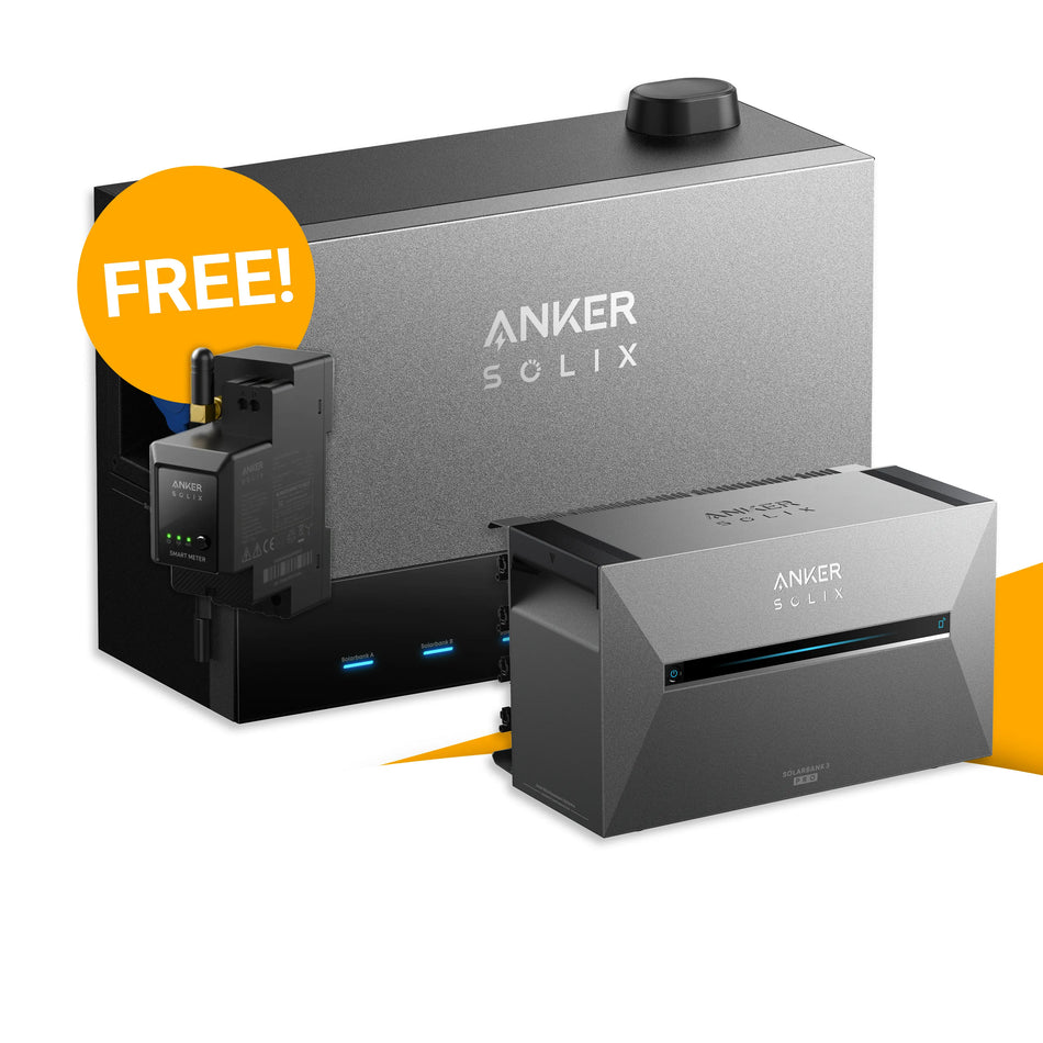 Anker SOLIX Power Dock set met 1x Solarbank 3 Pro kopen bij solago.nl, thuisbatterij op witte achtergrond met oranje podium
