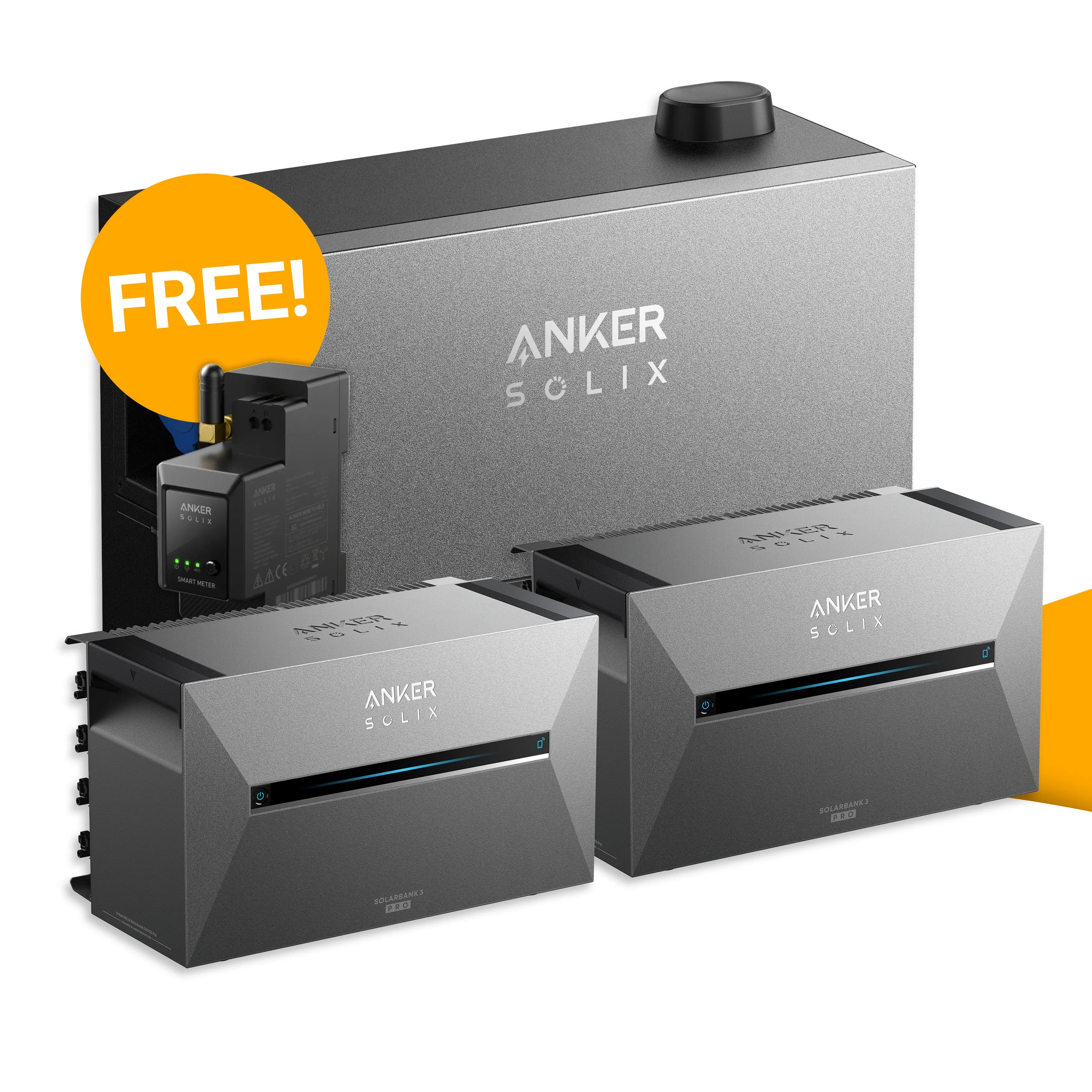 Anker SOLIX Power Dock set met 2x Solarbank 3 Pro kopen bij solago.nl, thuisbatterij op witte achtergrond met oranje podium