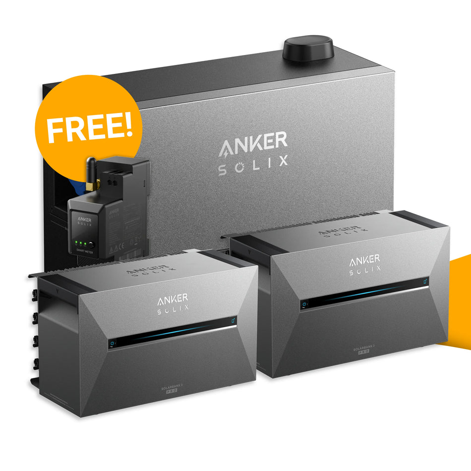 Anker SOLIX Power Dock set met 2x Solarbank 3 Pro kopen bij solago.nl, thuisbatterij op witte achtergrond met oranje podium