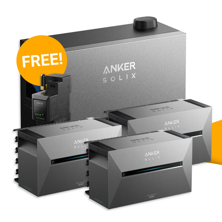 Anker SOLIX Power Dock set met 3x Solarbank 3 Pro kopen bij solago.nl, thuisbatterij op witte achtergrond met oranje podium