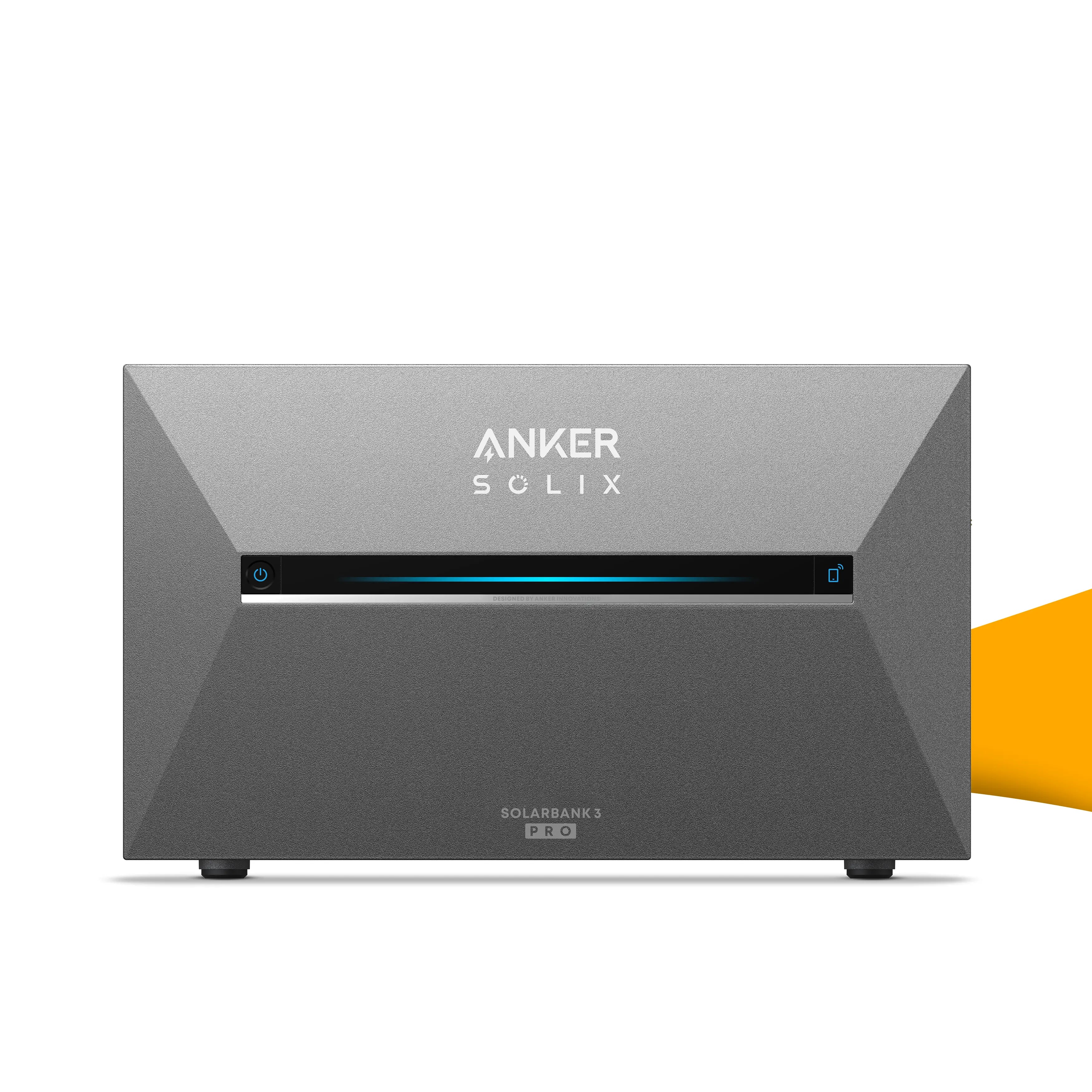 Anker SOLIX Solarbank 3 E2700 Pro thuisbatterij voor zonnepanelen, slimme energieopslag met hoge capaciteit voor meer zelfverbruik, kopen bij solago.nl, op witte achtergrond met oranje podium