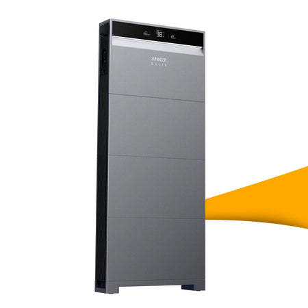 Anker SOLIX X1 hybride omvormer kopen bij solago.nl met batterijoptie, productfoto op witte achtergrond met oranje podium