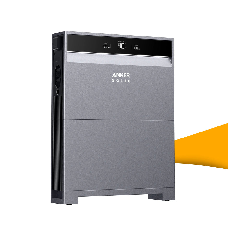 Anker SOLIX X1 omvormer met opslagoptie kopen bij solago.nl, hybride omvormer voor zonne-energie op witte achtergrond met oranje podium productfoto