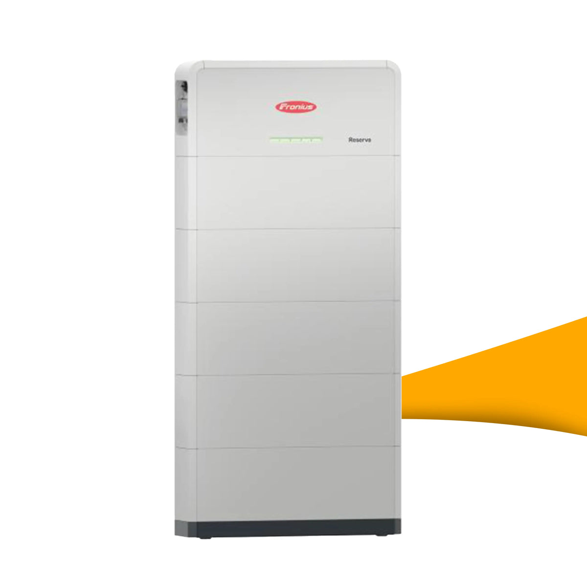 Fronius Reserva 15.8 zonne-accu 15,79 kWh voor zonnepanelen, krachtige opslag voor hoog eigen verbruik, kopen bij solago.nl, op witte achtergrond met oranje podium