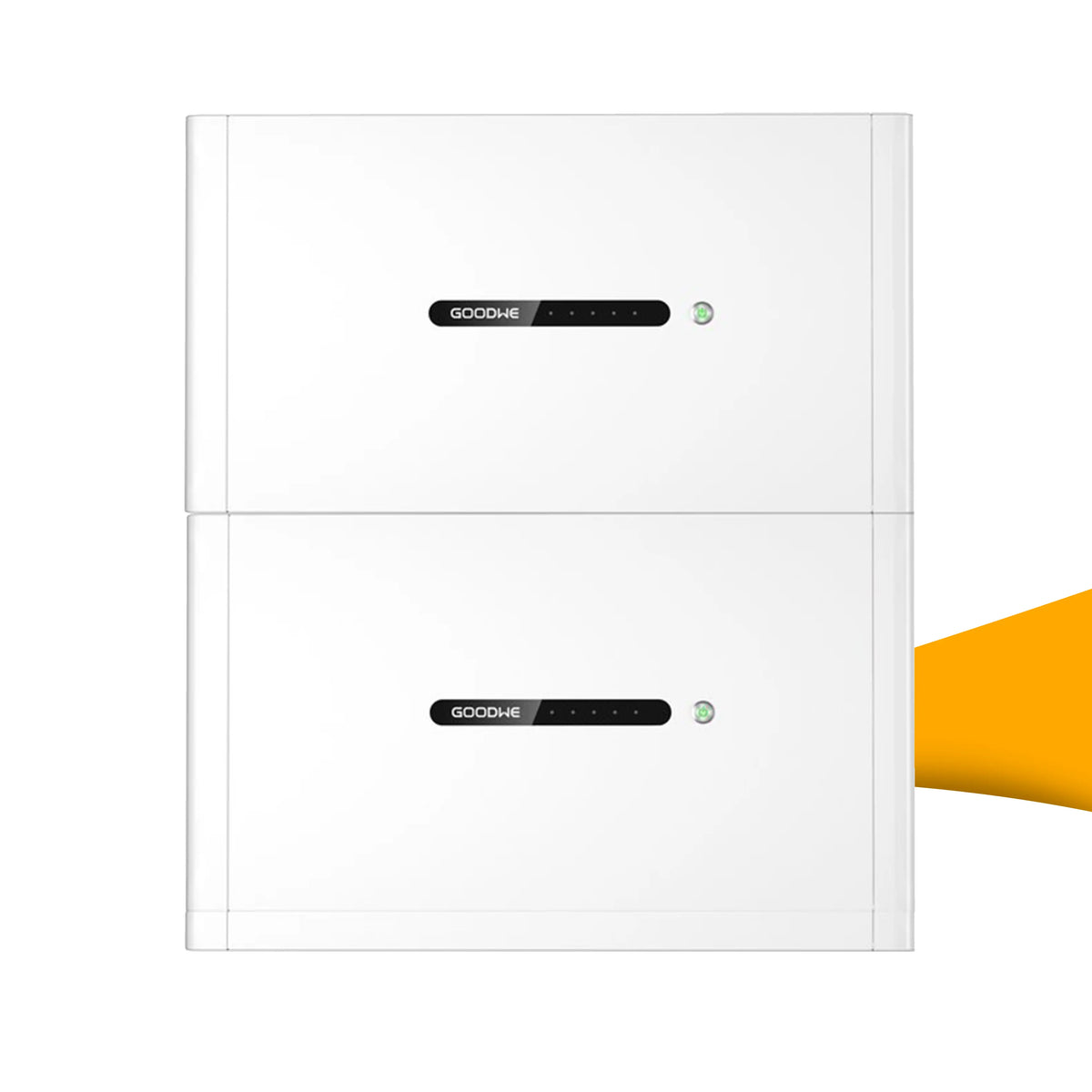 GoodWe Lynx D thuisbatterij 10 kWh voor zonnepanelen, betrouwbare energieopslag voor meer zelfverbruik, kopen bij solago.nl, op witte achtergrond met oranje podium