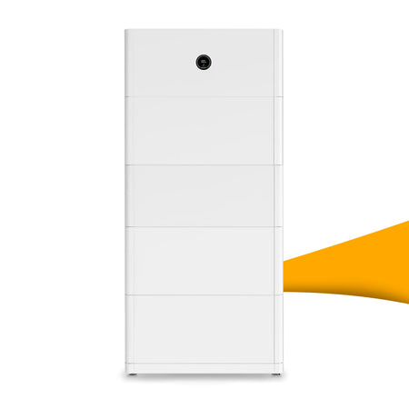 Growatt APX 20.0P-B1 hoogvolt thuisbatterij 20 kWh voor zonnepanelen, hoge opslagcapaciteit voor meer zelfverbruik, kopen bij solago.nl, op witte achtergrond met oranje podium