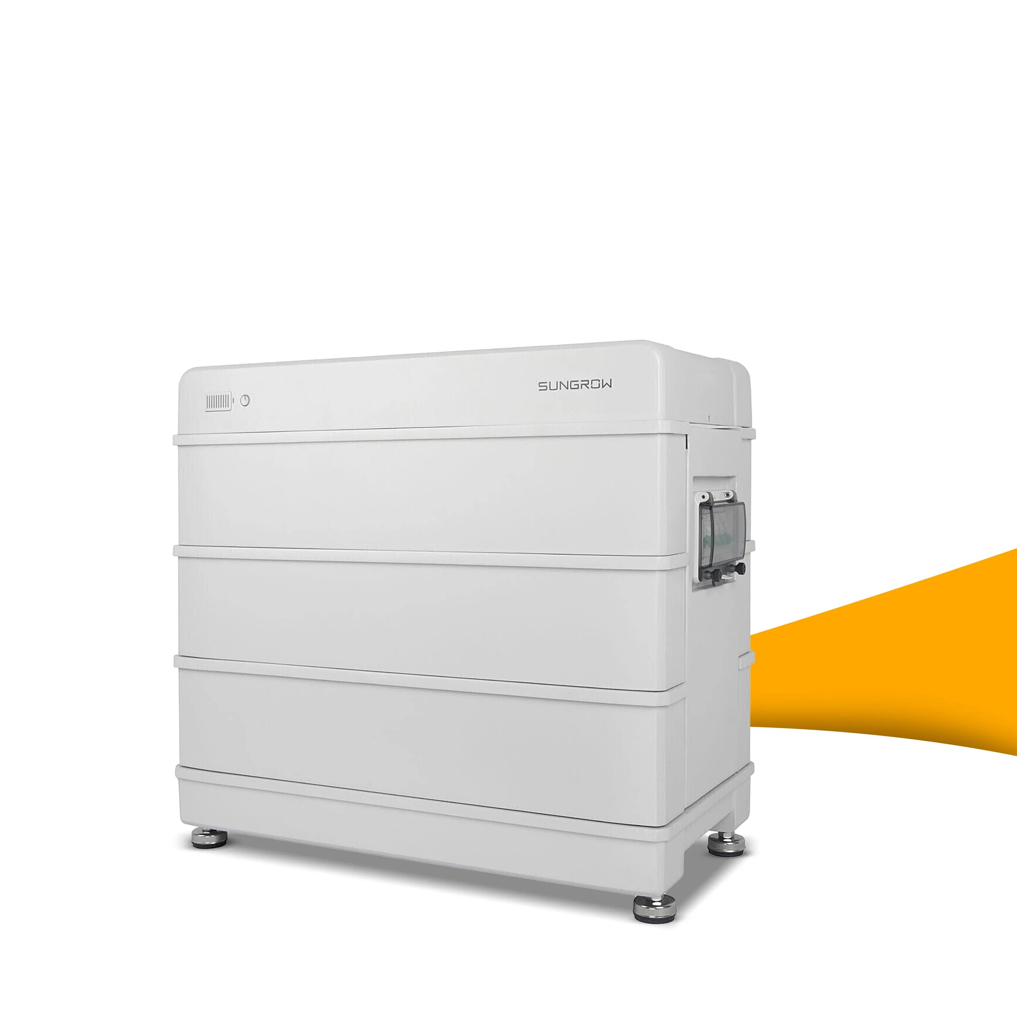 Sungrow SBR064 thuisbatterij 6,4 kWh (v13) voor zonnepanelen, modulaire energieopslag voor meer zelfverbruik, thuisbatterij kopen bij solago.nl, op witte achtergrond met oranje podium