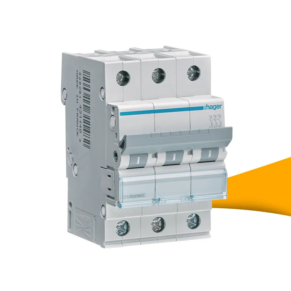 Hager MCN325 3-polige installatieautomaat 25A kopen bij solago.nl – product op wit met oranje podium