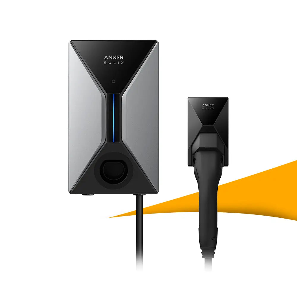 Anker SOLIX Wallbox V1 smart EV charger, slimme wallbox voor thuis laden met efficiënt energiebeheer, wallbox bestellen bij solago.nl, op witte achtergrond met oranje podium