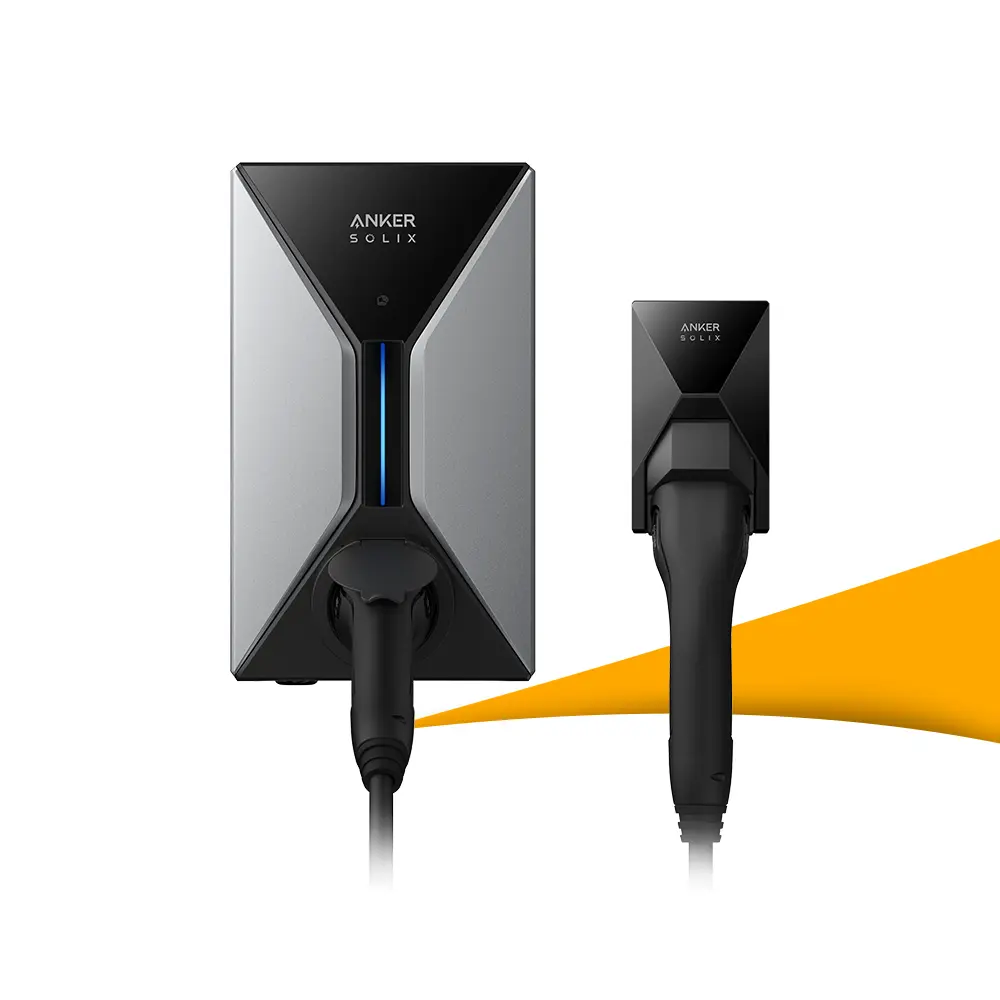 Anker SOLIX Wallbox V1 slimme laadpaal, EV-lader voor thuisladen met intelligente laadsturing en energiebeheer, laadpaal kopen bij solago.nl, op witte achtergrond met oranje podium