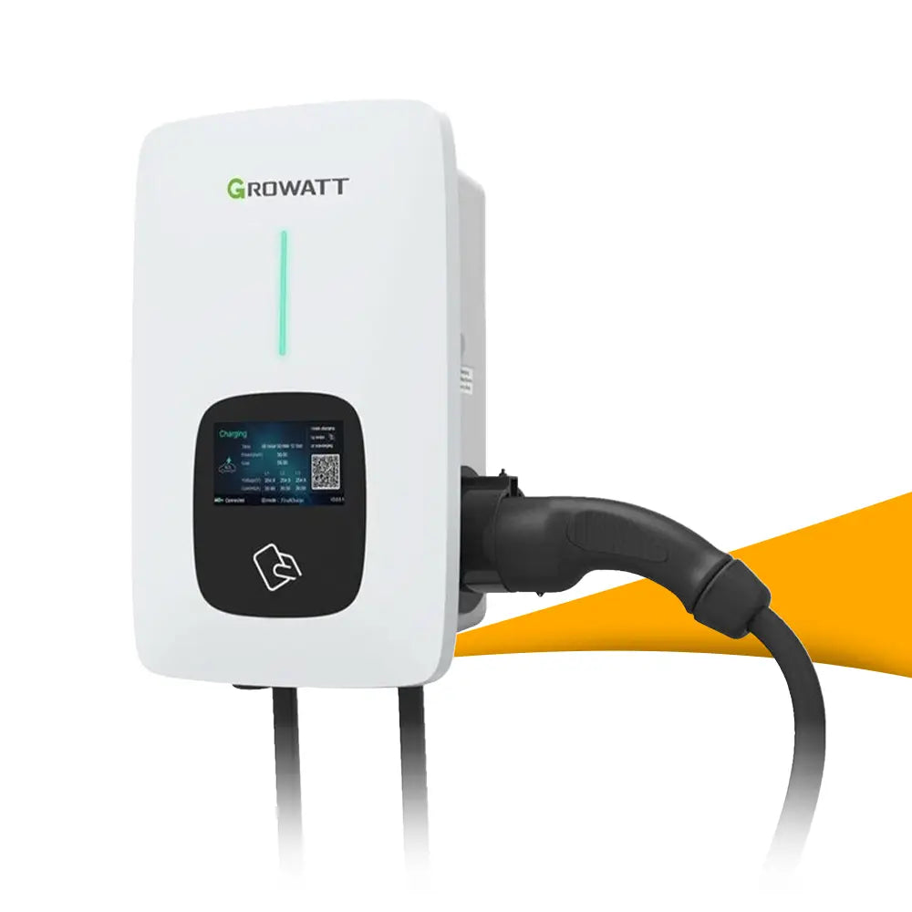 Growatt THOR 11AS-P-V1 (WiFi) wallbox 11 kW met laadkabel, slimme AC-laadpaal voor thuisladen en energiebeheer, wallbox bestellen bij solago.nl, op witte achtergrond met oranje podium