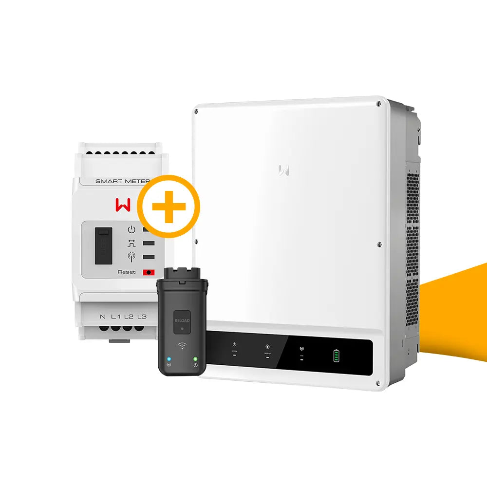 GoodWe GWK-ET hybride omvormer voor zonnepanelen, geschikt voor thuisbatterij en slim energiebeheer met hoger zelfverbruik, kopen bij solago.nl, op witte achtergrond met oranje podium