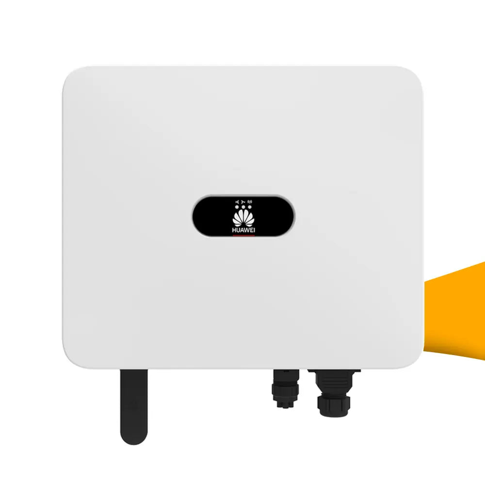 Huawei SUN2000-(12K-25K)-MB0 serie hybride omvormer voor zonnepanelen, 3-fase oplossing voor slim energiebeheer en koppeling met batterijopslag, hybride omvormer kopen bij solago.nl, op witte achtergrond met oranje podium